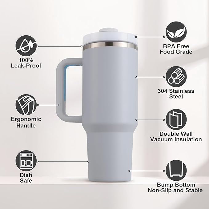 Tumbler with Handle and Straw Lid, Double wall Stainless Steel Insulated for Beverages