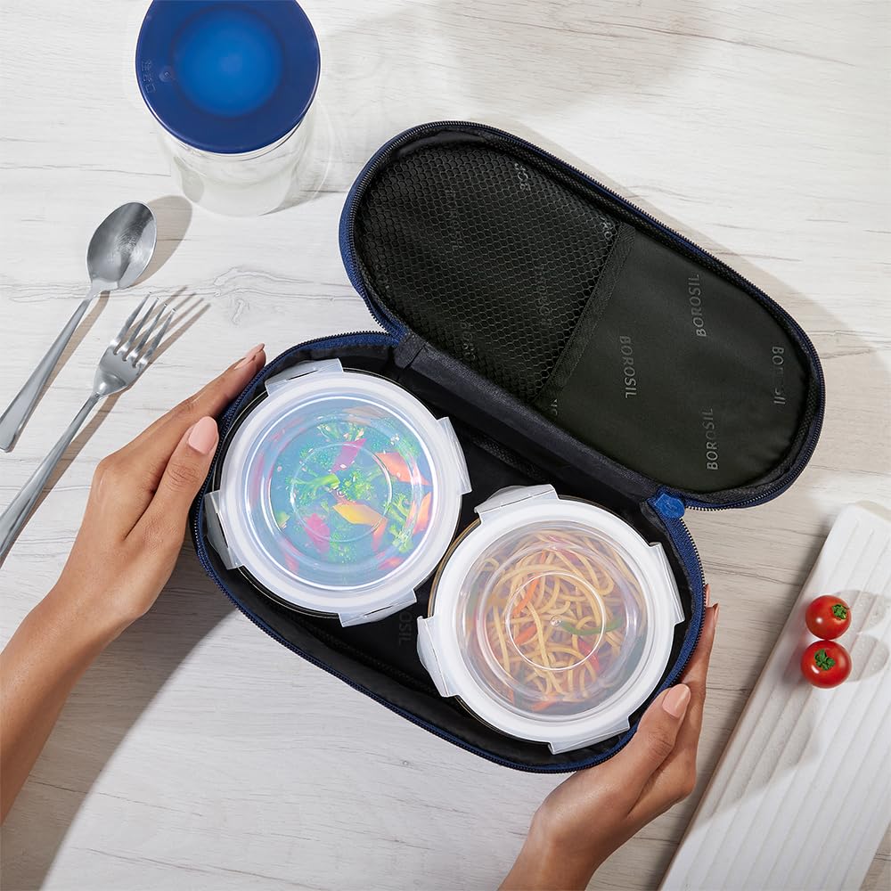 Borosil Prime Lunchbox with Bag | 2pc Round Container Set (400ml Each) | Made in India Borosilicate Glass Tiffin