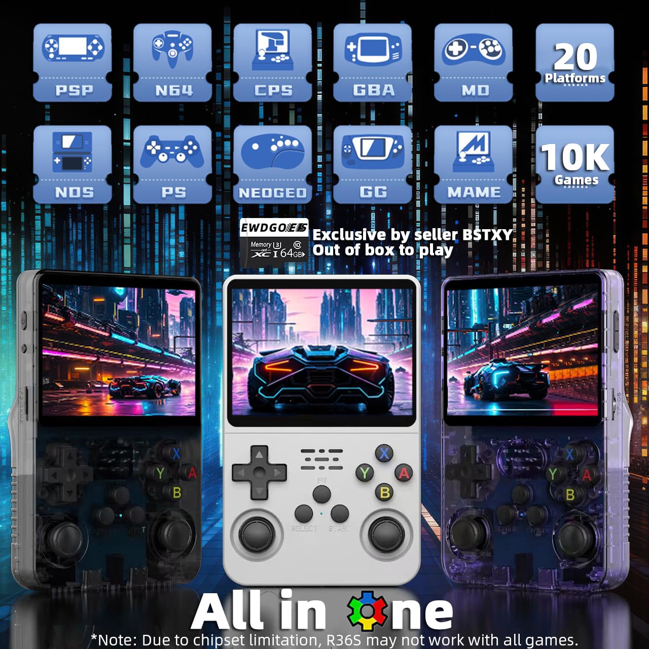 R36S Handheld Game Console 3.5 inch Preinstalled Emulator System White 32GB+64GB