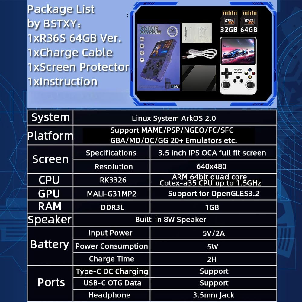 R36S Handheld Game Console 3.5 inch Preinstalled Emulator System White 32GB+64GB