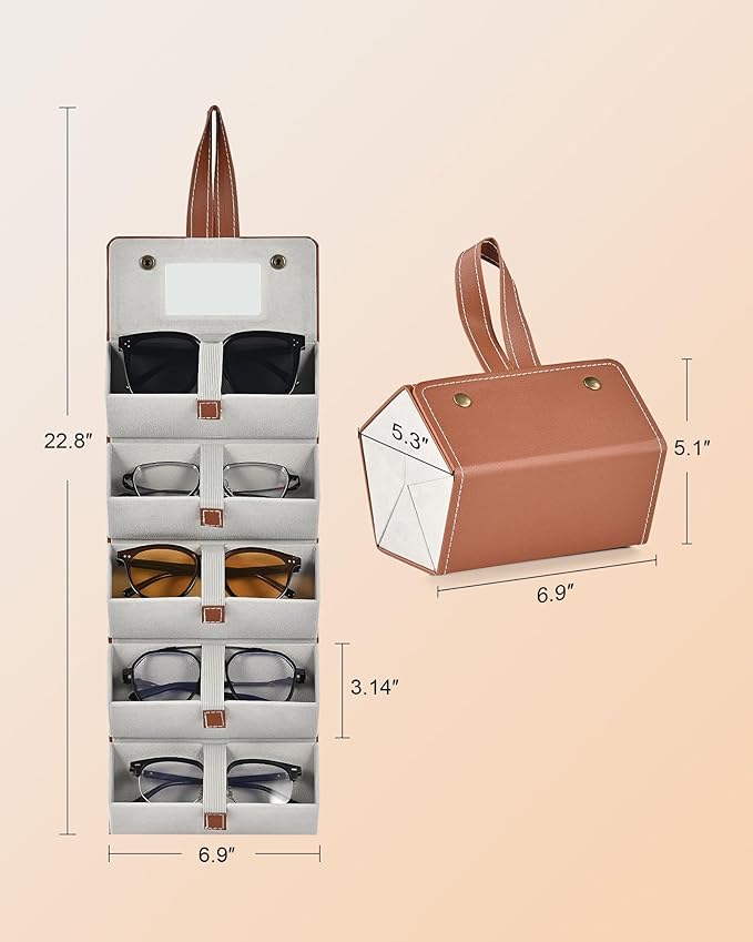 Foldable Sunglasses Organizer | 5-Slot Travel Case with Mirror|