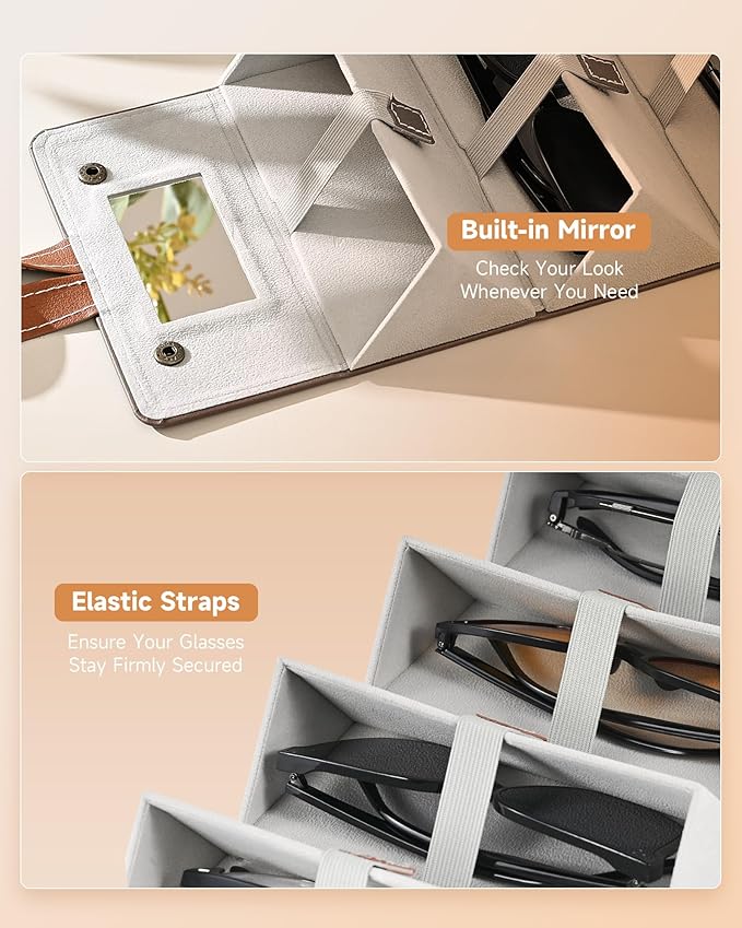 Foldable Sunglasses Organizer | 5-Slot Travel Case with Mirror|