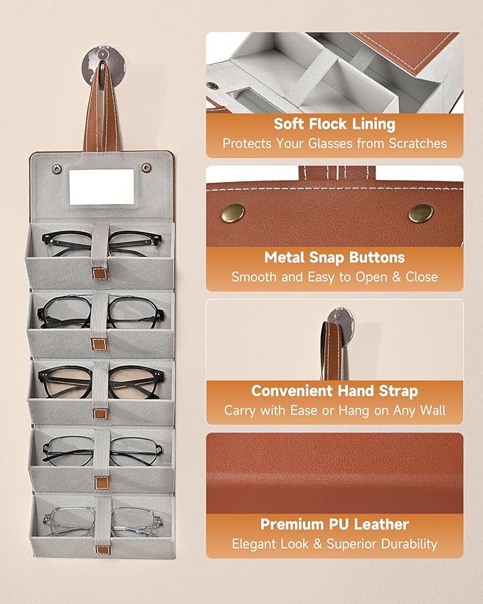Foldable Sunglasses Organizer | 5-Slot Travel Case with Mirror|