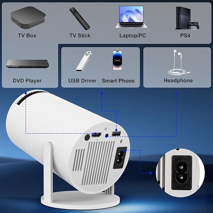 Portable Mini Projector, 4K 1080P Full HD Projector, WiFi, Android 11, Compatible with TV Stick/Windows/iOS/Android