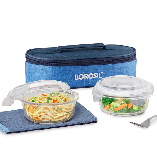 Borosil Prime Lunchbox with Bag | 2pc Round Container Set (400ml Each) | Made in India Borosilicate Glass Tiffin