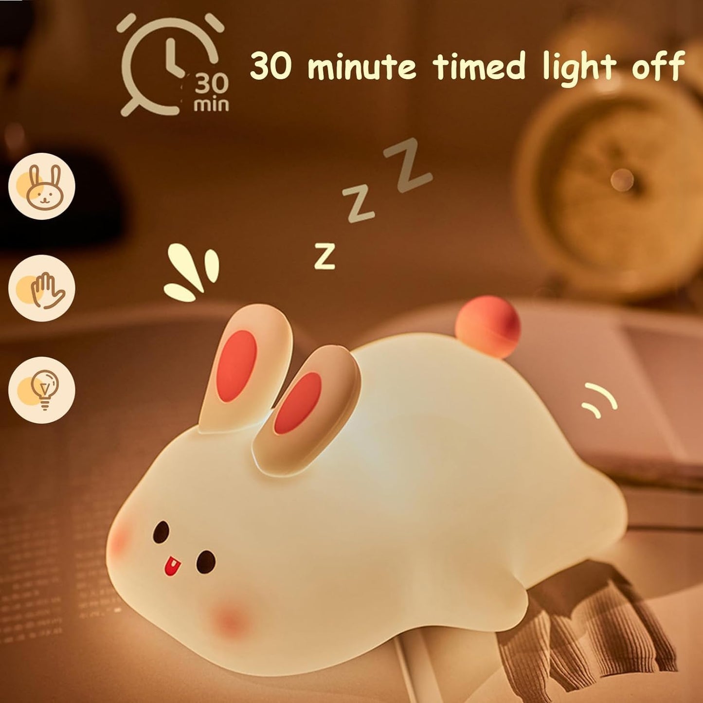 Rabbit Night Lamp |3 brightness levels | 7-color glow |15-hour rechargeable Battery