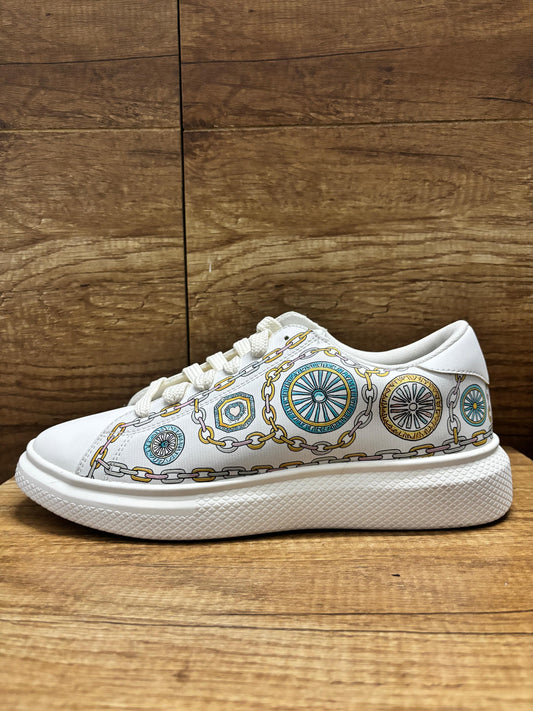 White Gold Synthetic Printed Casual Sneaker Shoes for Mens | Trendy Fashionable Everyday Wear Lace-Up Comfortable Lightweight Soft Cushioned