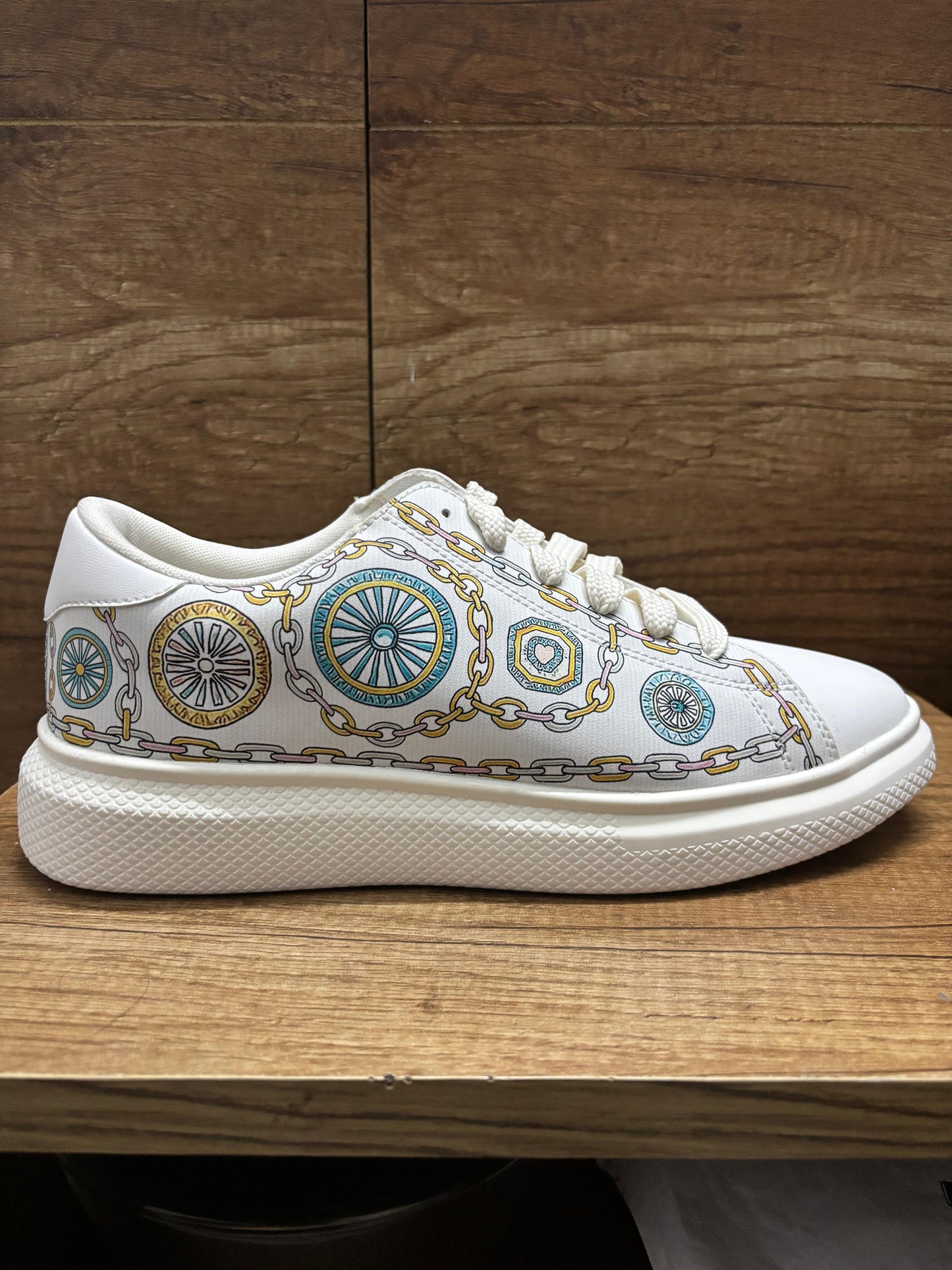 White Gold Synthetic Printed Casual Sneaker Shoes for Mens | Trendy Fashionable Everyday Wear Lace-Up Comfortable Lightweight Soft Cushioned