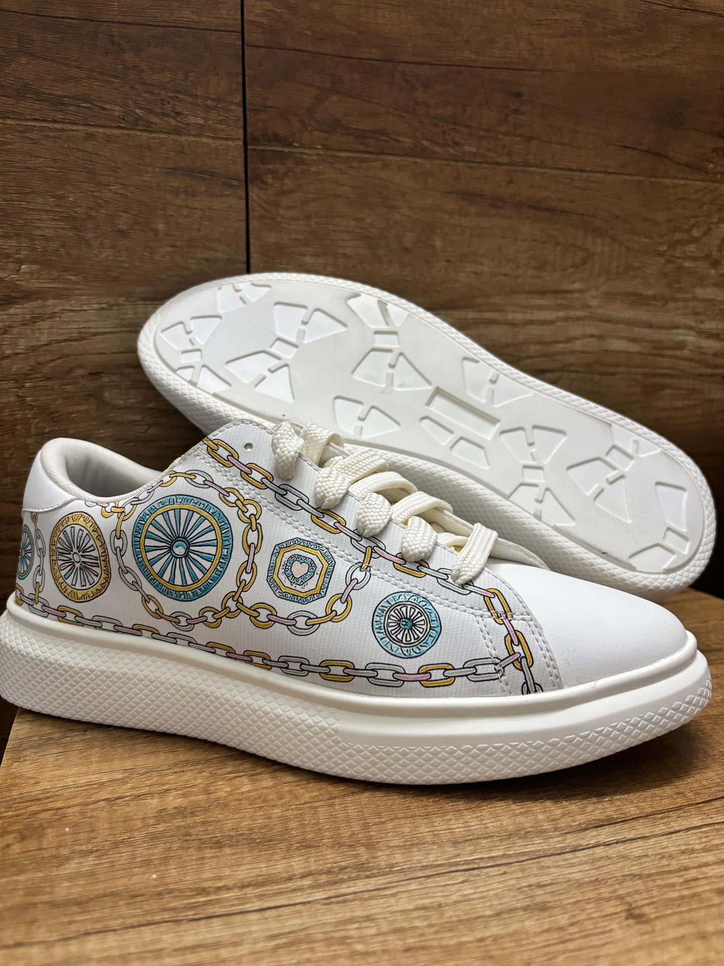 White Gold Synthetic Printed Casual Sneaker Shoes for Mens | Trendy Fashionable Everyday Wear Lace-Up Comfortable Lightweight Soft Cushioned