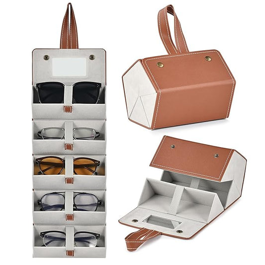 Foldable Sunglasses Organizer | 5-Slot Travel Case with Mirror|